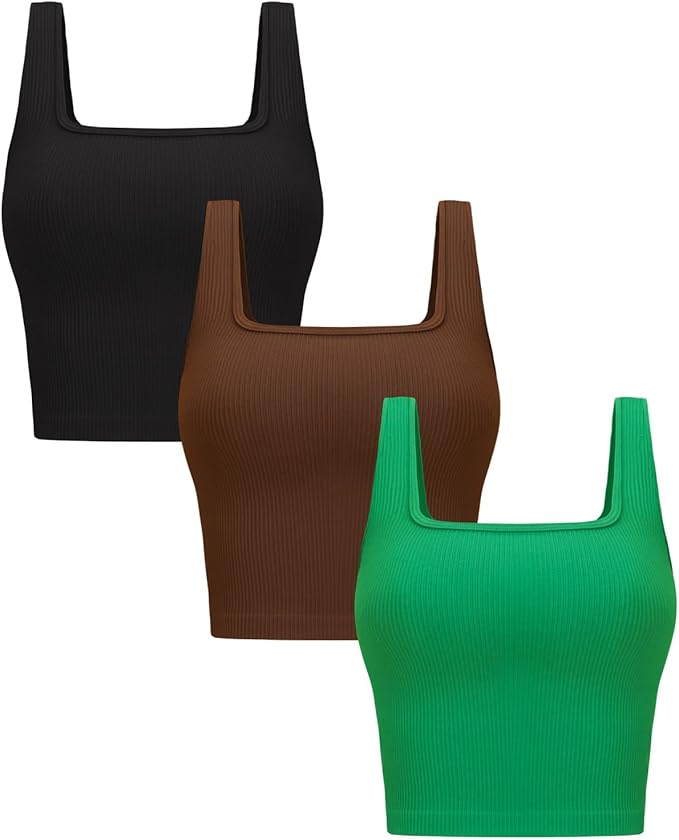 OLCHEE Womens 3 Pack Crop Tank Tops Basic Seamless Ribbed Sleeveless Square Neck Workout Top Summer Exercise Yoga Gym Shirts