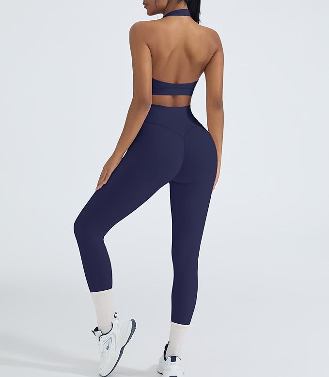 OMKAGI 2 Piece Workout Sets for Women Halter Sports Bras Gym Sets Booty Leggings Outfits