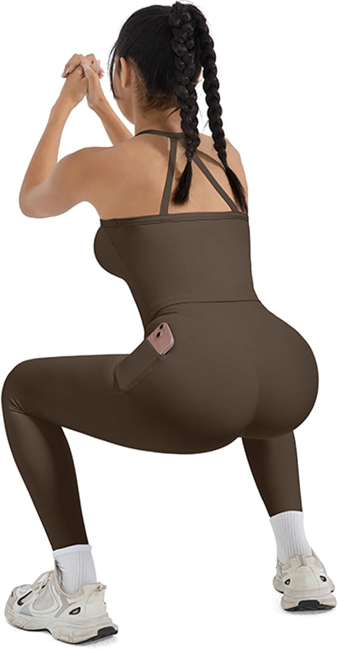 SUUKSESS Women 2 Piece Workout Sets Compression Tummy Control Leggings with Pockets Halter Built in Bra Tank Tops