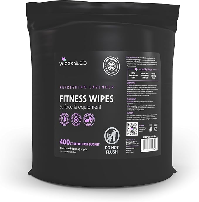Wipex Gym Wipes Bucket Refill – EWG Verified, 400 Ct Plant-based Fitness Equipment Wipes, Lavender and Vinegar to Clean Surfaces, Safe Yoga Mat Cleaner, Gym Cleaner and Peloton