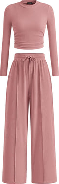 BTFBM Casual 2 Piece Sets For Women Fall Outfits 2026 Ribbed Spring Long Sleeve Crop Top Wide Leg Pants Matching Lounge Set