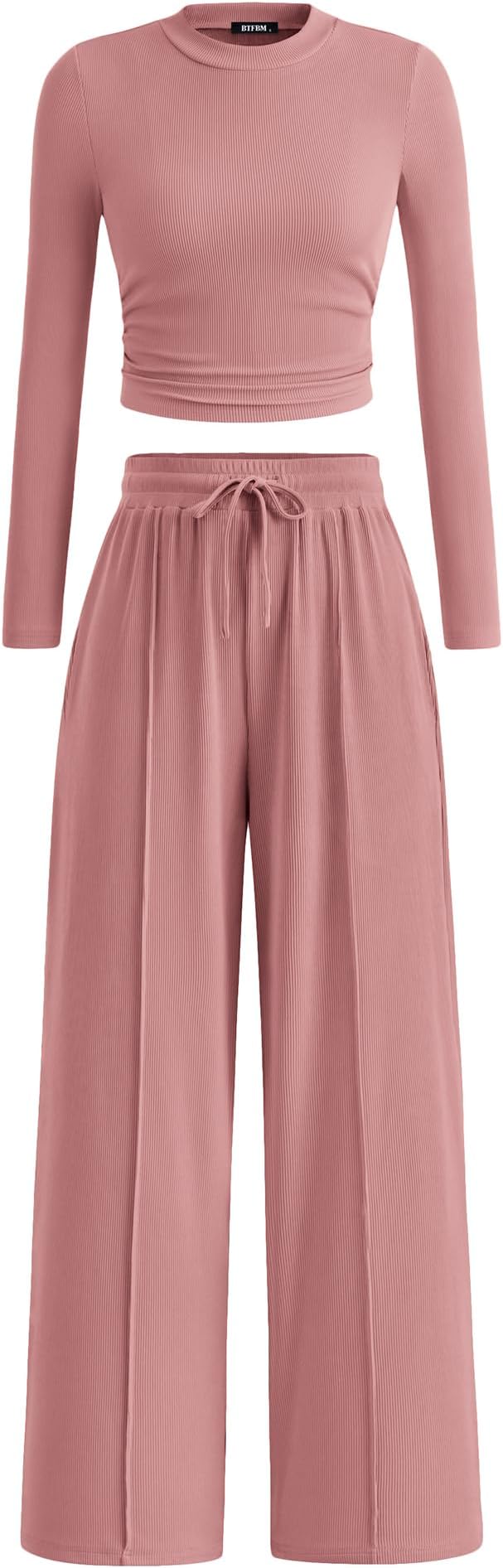 BTFBM Casual 2 Piece Sets For Women Fall Outfits 2026 Ribbed Spring Long Sleeve Crop Top Wide Leg Pants Matching Lounge Set