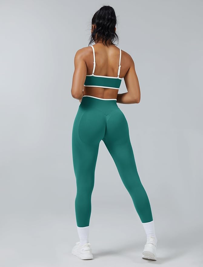 ABOCIW Womens 2 Piece Workout Sets Seamless Color Block Sports Bra Scrunch Butt Lifting High Waist Leggings Gym Set