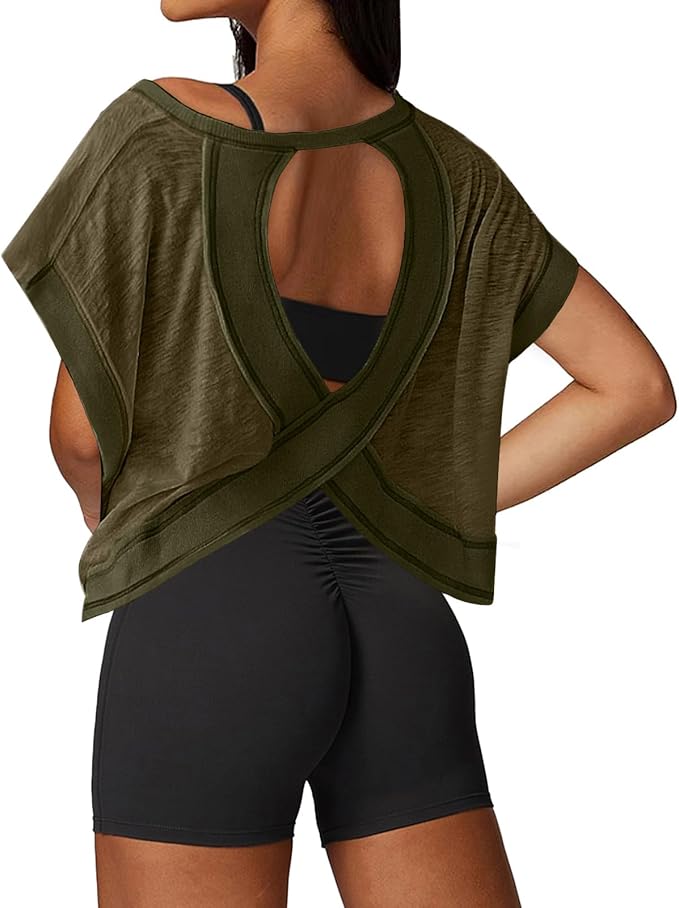 UNIANKIYA Open Back Workout Tops for Women Loose Fit Athletic Crop Tee Short Sleeve Gym Running Yoga Shirt
