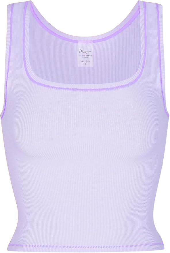 Danysu Women Rib Tank Top Padded Workout Top Square Neck Crop Tank Fitted Basic Cami Tops