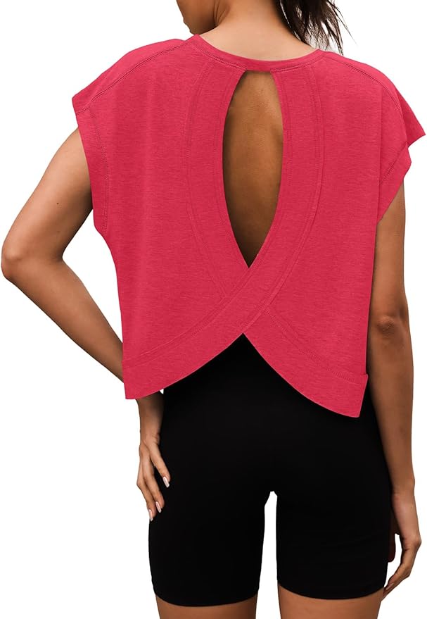 Women Open Back Workout Shirts Short Sleeve Tops Casual Yoga Y2k Athletic Gym Running Crop Tees
