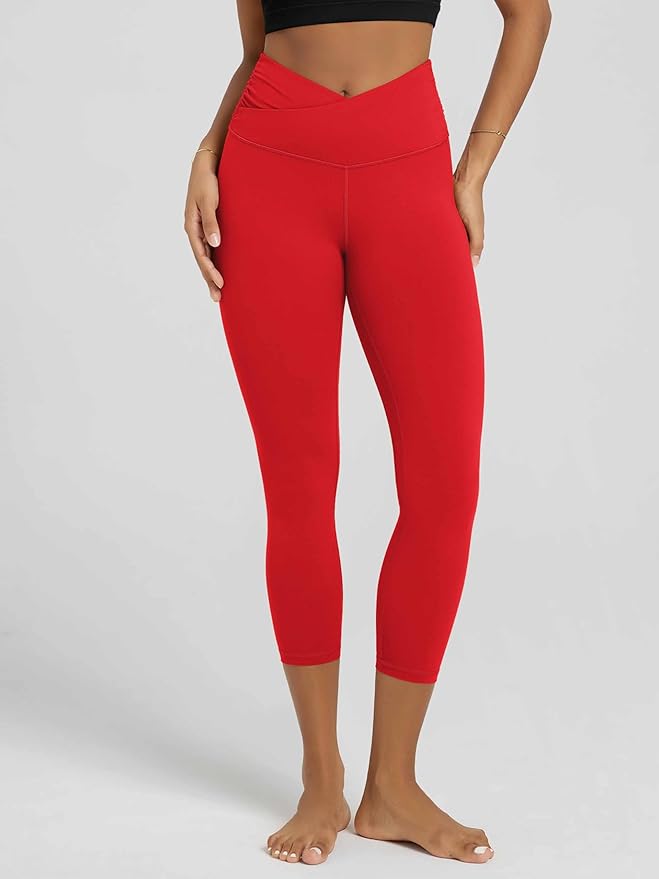ODODOS Women's Cross Waist Yoga Leggings with Inner Pocket, 23"/25"/28" Gathered Crossover Workout Yoga Pants