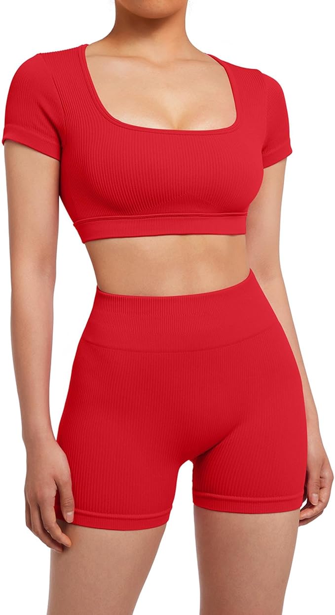 SUUKSESS Womens Workout Sets Open Back Gym Sets Woman Yoga Pilates Crop Tank High Waisted Bike Shorts