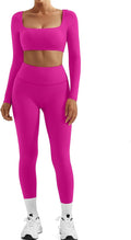 SUUKSESS Women 2 Piece Workout Sets Compression Tummy Control Leggings with Pockets Long Sleeve Square Neck Padded Crop Tops