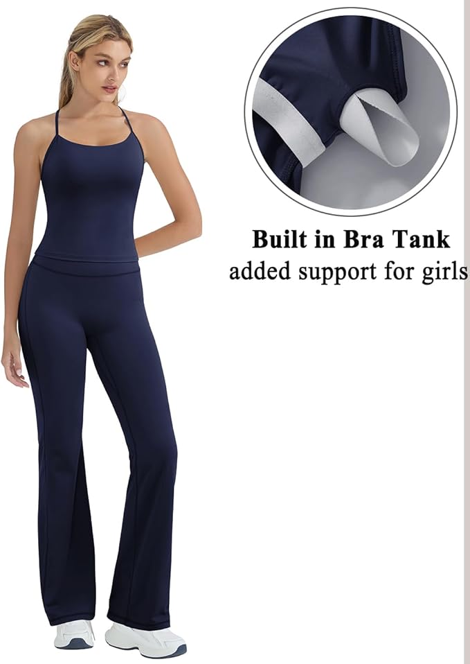 OMKAGI 2 Piece Workout Sets for Women Padded Tank Tops Flare Leggings Pilates Outfits