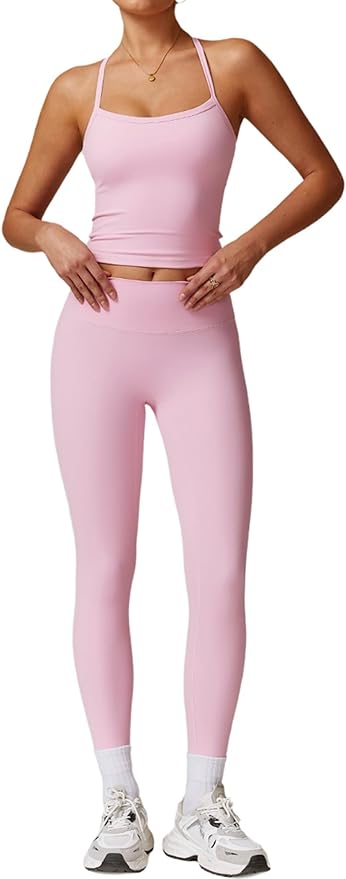 QBGJTD Womens Workout Sets Two Piece Cross Back Tank Top Matching High Waist Leggings Sets Gym Outfits Work Out Clothes