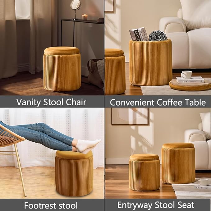 BLEXA Round Set of 2 Ottoman with Storage-Upholstered Velvet Vanity Stool for Makeup Multifunctional Ottomans Coffee Table Padded Seat Foot Rest for Living Room&Bedroom (Yellow)
