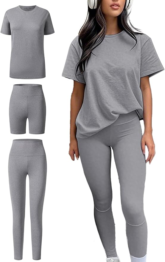 ZFLM casual sportswear 3-piece set high waist tight pants yoga pants short sleeved round neck yoga set
