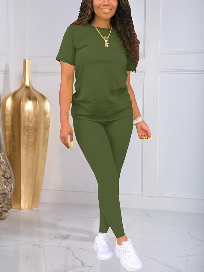 Women's 2 Piece Outfits Sweatsuit Summer Workout Striped Short Sleeve Long Sweatpants Casual Jogging Lounge Set
