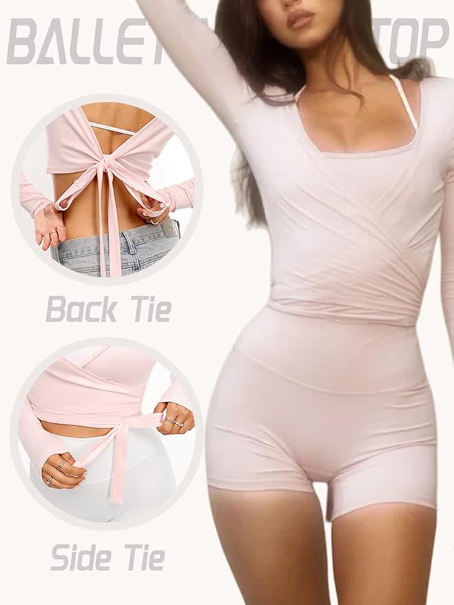 Danysu Ballet Wrap Tops Long Sleeve Cross Tie Crop Shirts Deep V-Neck Dance Clothes Fall Cardigans