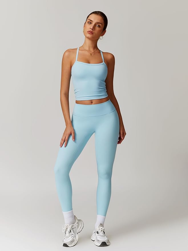 QBGJTD Womens Workout Sets Two Piece Cross Back Tank Top Matching High Waist Leggings Sets Gym Outfits Work Out Clothes