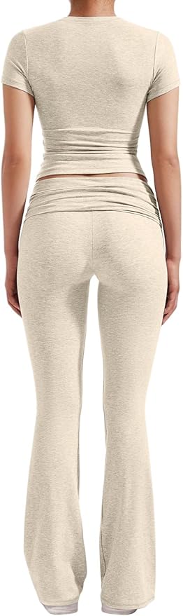 YETOWA Women's 2 Piece Lounge Outfits Slim Short Sleeve Tops Low Rise Flare Leggings Sets Yoga Sweatsuit