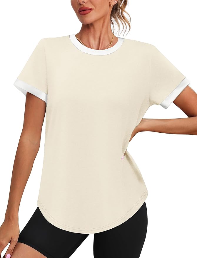 Womens Workout Tops Summer Short Sleeve Shirts Athletic Color Block Gym Clothes Outfits Sun Protection UPF 50+ T Shirts