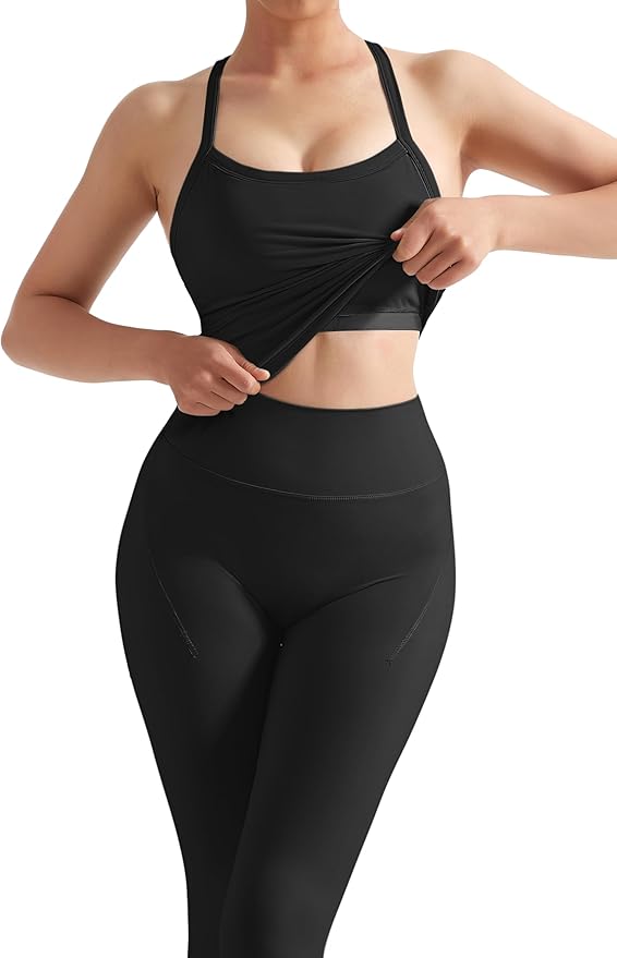 SUUKSESS Women 2 Piece Workout Sets Compression Tummy Control Leggings with Pockets Halter Built in Bra Tank Tops