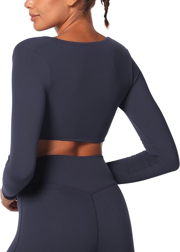 Sunzel Long Sleeve Workout Tops for Women Buttery Soft Deep V Twist Cropped Tops with Compression for Yoga Pilates Gym Outfit