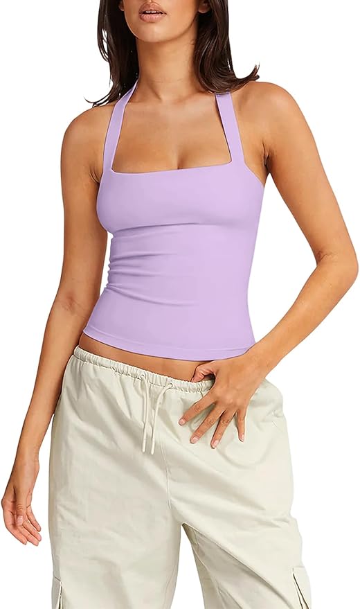 LASLULU Womens Sexy Halter Sports Bra Workout Tops Wirefree Sleeveless Gym Yoga Tank Tops Y2k Casual Crop