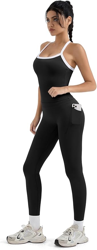 SUUKSESS Women 2 Piece Workout Sets Compression Tummy Control Leggings with Pockets Halter Built in Bra Tank Tops