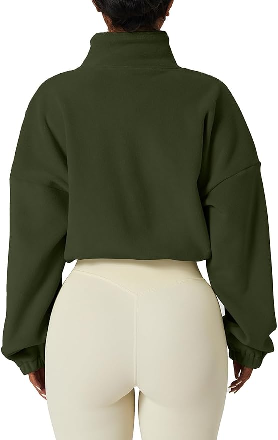 QINSEN Women's Full Zip Fleece Short Jacket Warm Winter Long Sleeve Stand Collar Sherpa Crop Coat