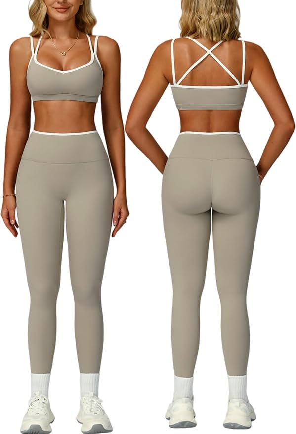 ABOCIW Two Piece Workout Sets for Women Color Block Strappy Sports Bra High Waist Leggings Yoga Pilates Outfits