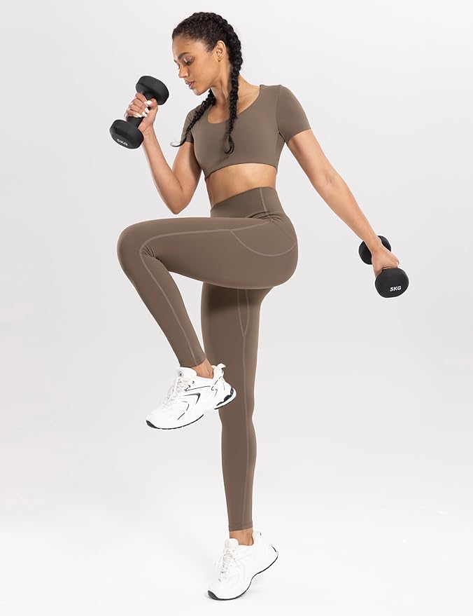 ENERBLOOM Workout Leggings with Pockets for Women High Waist Yoga Pants 25"/28" Cream Soft Lightweight Athletic Gym Tights