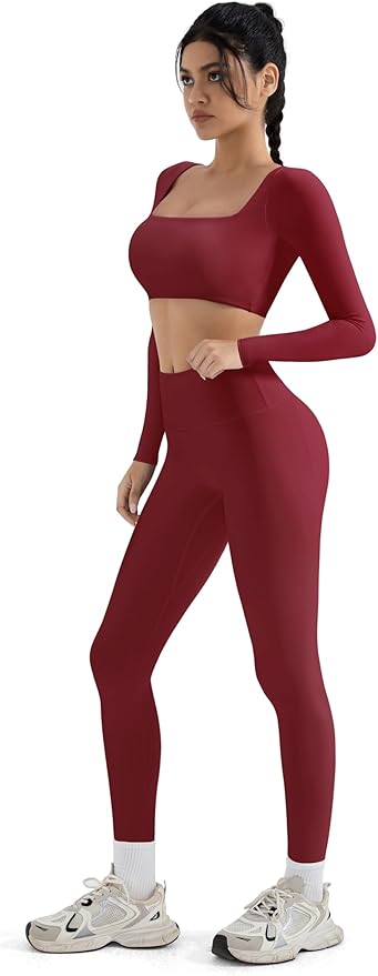 SUUKSESS Women 2 Piece Workout Sets Compression Tummy Control Leggings with Pockets Long Sleeve Square Neck Padded Crop Tops