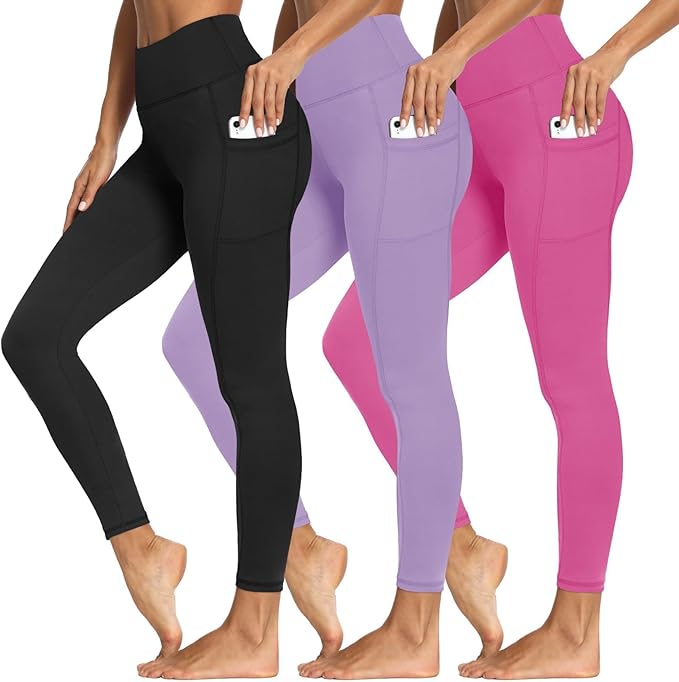 3 Packs Leggings with Pockets for Women, Soft High Waisted Tummy Control Workout Yoga Pants