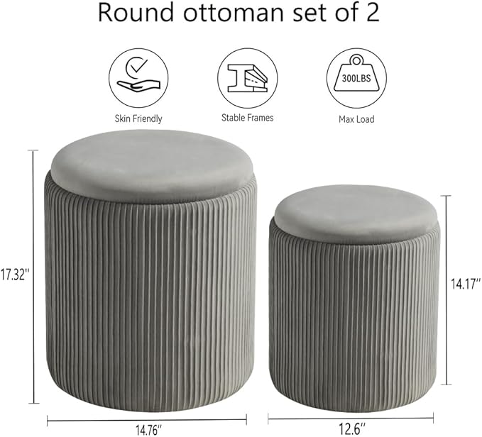 BLEXA Round Set of 2 Ottoman with Storage-Upholstered Velvet Vanity Stool for Makeup Multifunctional Ottomans Coffee Table Padded Seat Foot Rest for Living Room&Bedroom(Ligth Grey)