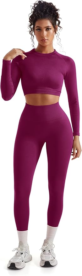 SUUKSESS Women 2 Piece Workout Sets Hidden Scrunch Hip Lifting Seamless Leggings Long Sleeve Yoga Crop Tops