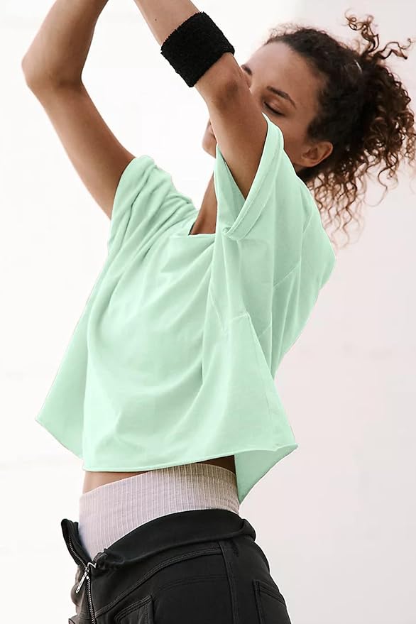 Women's Oversize Workout Crop Tops Casual Short Sleeve Drop Shoulder Boxy T-Shirts Roll Hem Basic Loose Yoga Running Tees