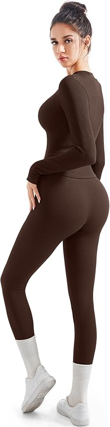 SUUKSESS Women 2 Piece Seamless Ribbed Workout Sets With Zip Up Jacket High Waisted Gym Yoga Leggings