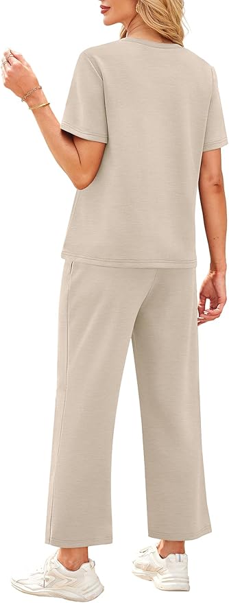 WIHOLL 2 Piece Sets for Women Casual Summer Travel Vacation Outfits Short Sleeve Wide Leg Crop Pants Lounge Sets