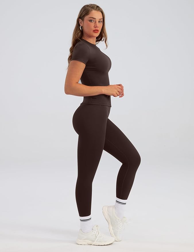 Relety Womens Two Piece Workout Sets Slim Fit Short Sleeve Shirt High Waist Leggings Yoga Outfits Matching Gym Set