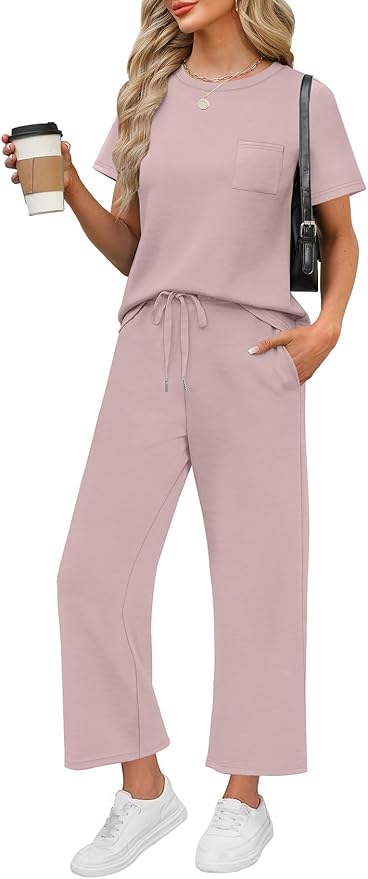 WIHOLL 2 Piece Sets for Women Casual Summer Travel Vacation Outfits Short Sleeve Wide Leg Crop Pants Lounge Sets
