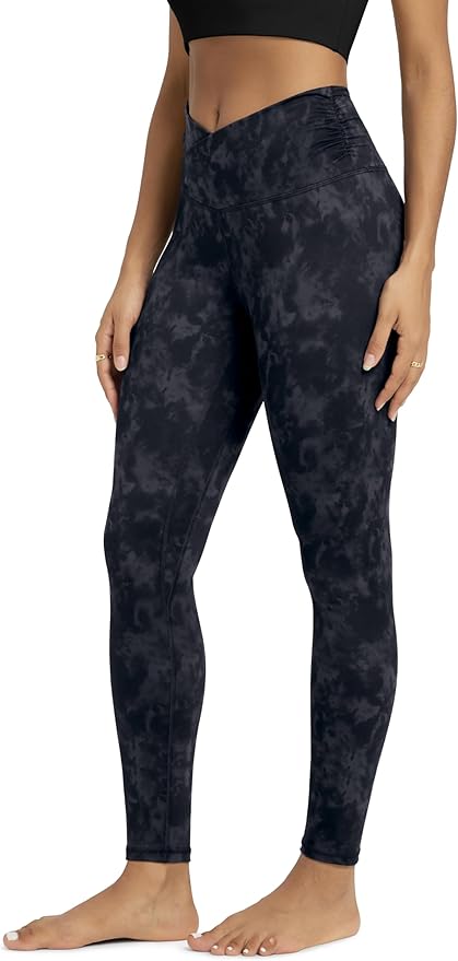 ODODOS Women's Cross Waist Yoga Leggings with Inner Pocket, 23"/25"/28" Gathered Crossover Workout Yoga Pants