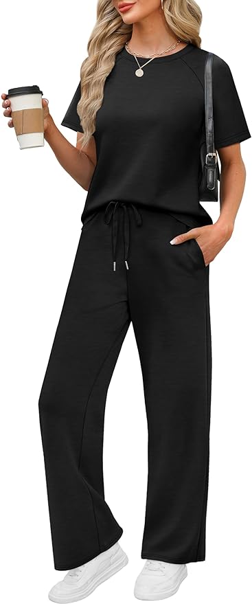 WIHOLL 2 Piece Sets for Women Resort Wear Travel Vacation Outfits Summer Short Sleeve Lounge Sets