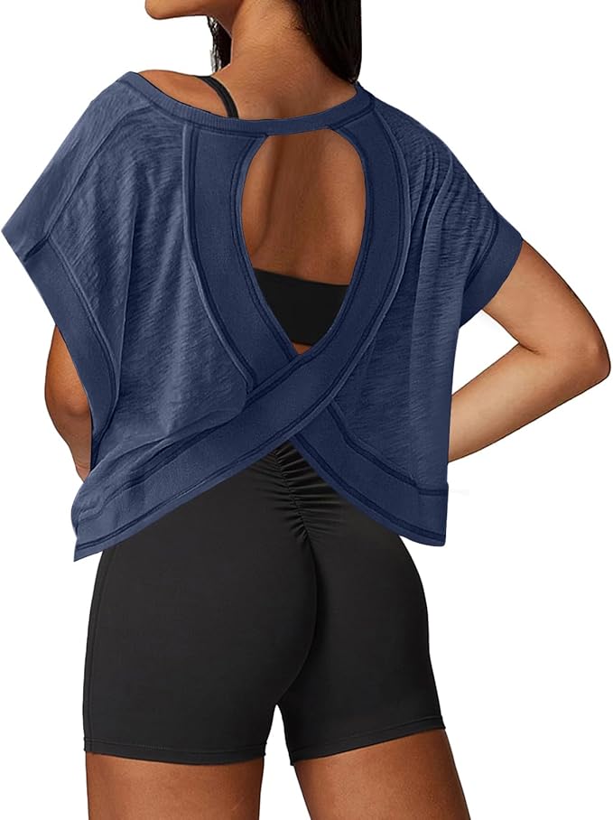 UNIANKIYA Open Back Workout Tops for Women Loose Fit Athletic Crop Tee Short Sleeve Gym Running Yoga Shirt