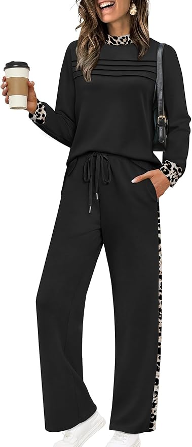 WIHOLL Two Piece Sets for Women Spring Travel Vacation Outfits 2026 Long Sleeve Lounge Sets Side Slit Wide Leg Pants S-3XL