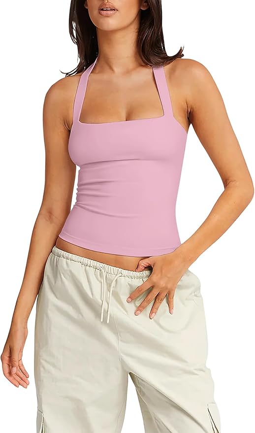 LASLULU Womens Sexy Halter Sports Bra Workout Tops Wirefree Sleeveless Gym Yoga Tank Tops Y2k Casual Crop