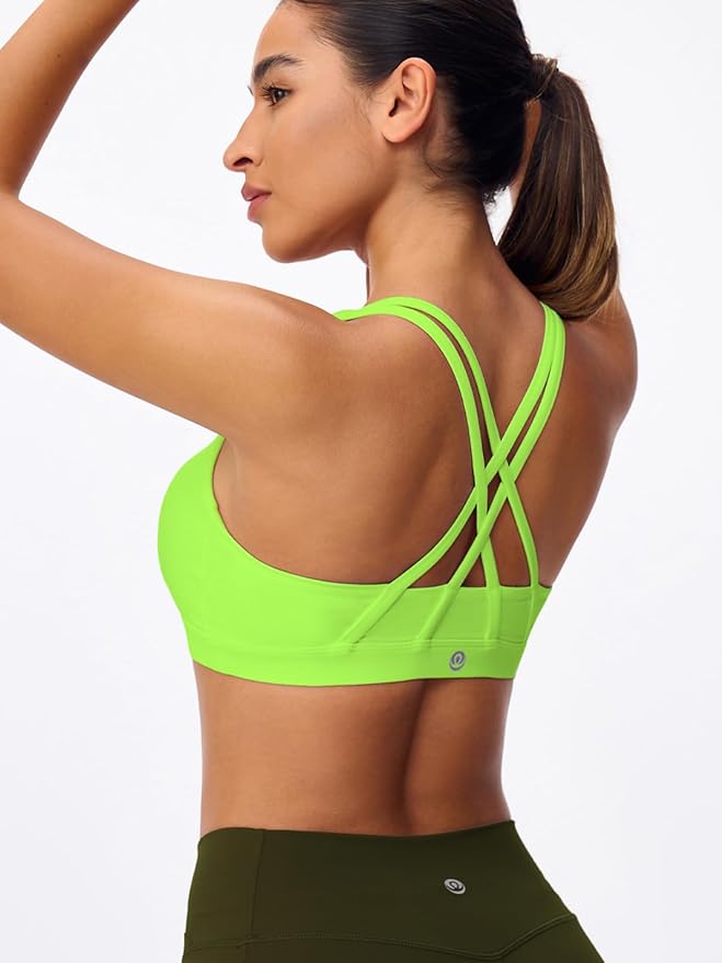 Women's Strappy Sports Bras Light Compression Crop Criss Cross Back Padded Workout Yoga Bra Supportive U Neckline