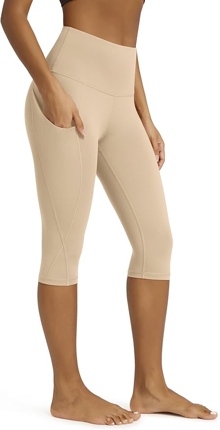 ODODOS Women's High Waisted Yoga Capris with Pockets, Tummy Control Non See Through Workout Athletic Running Capri Leggings
