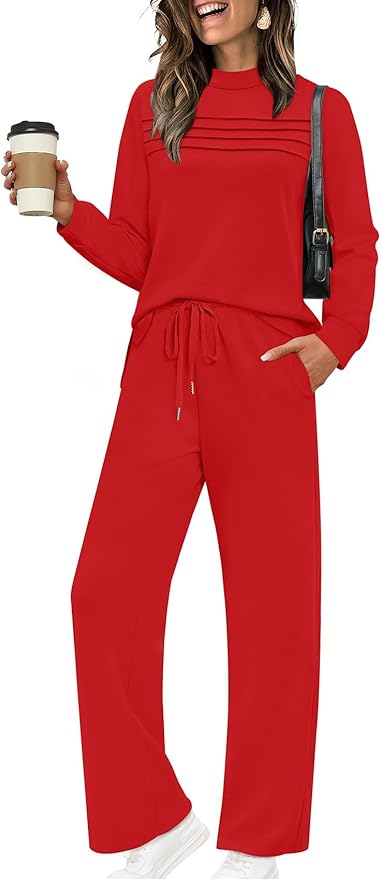 WIHOLL Two Piece Sets for Women Spring Travel Vacation Outfits 2026 Long Sleeve Lounge Sets Side Slit Wide Leg Pants S-3XL