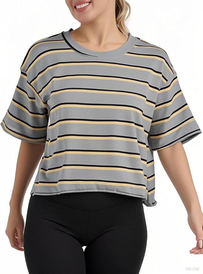 Women's Oversize Workout Crop Tops Casual Short Sleeve Drop Shoulder Boxy T-Shirts Roll Hem Basic Loose Yoga Running Tees