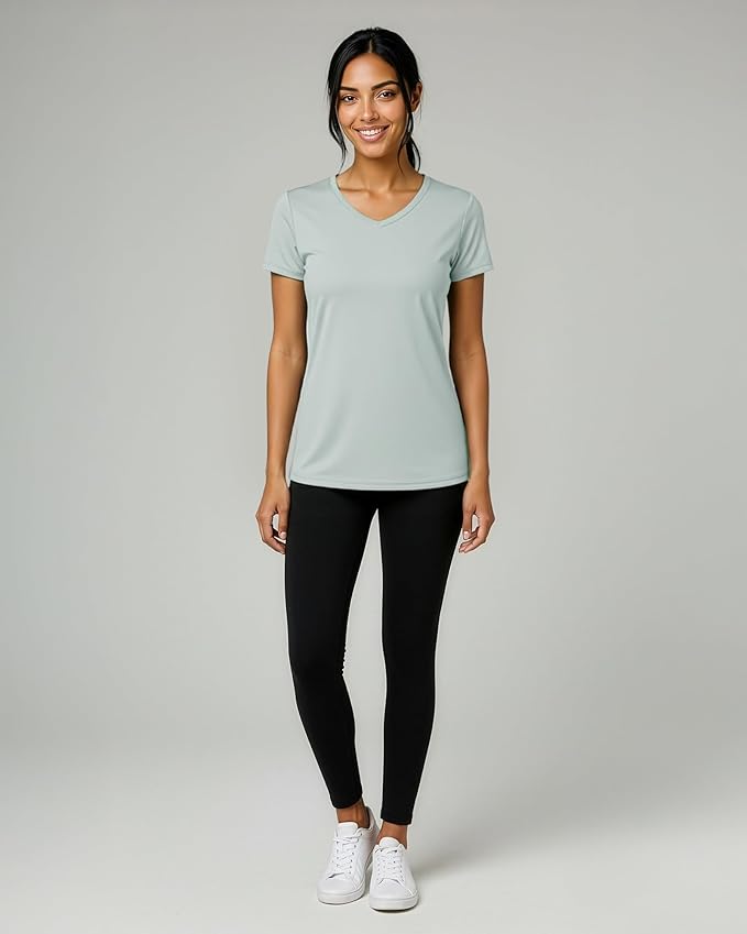 Real Essentials 5 Pack: Women's Dry-Fit Short Sleeve V Neck T Shirt Workout Fitness Yoga Top Tee (Available in Plus Size)