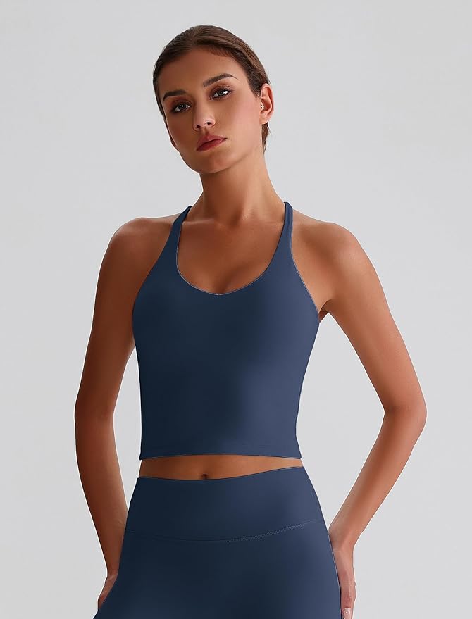 ABOCIW Womens Cross Back Workout Crop Tank with Built in Bra V Neck Longline Sports Bra Gym Shirt Yoga Pilates Top