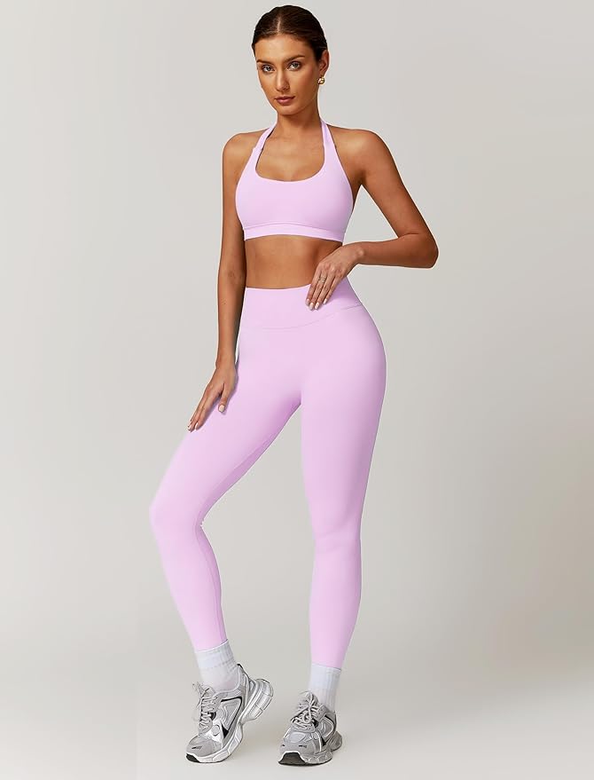 ABOCIW Workout Sets for Women Seamless Scunch Butt Lifting Impact Leggings Halter Sports Bra 2 Piece Gym Outfits